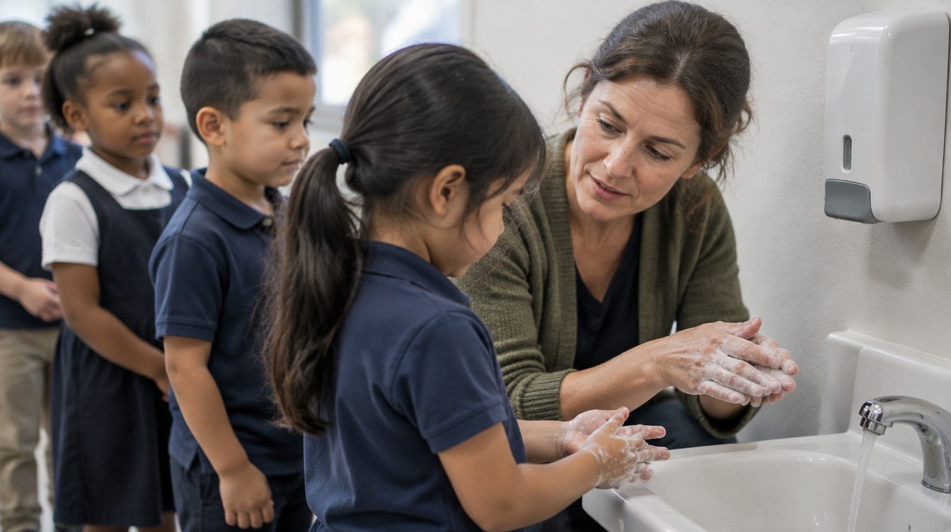 Teacher crouched at a low classroom sink showing a student how to lather between the fingers as classmates wait