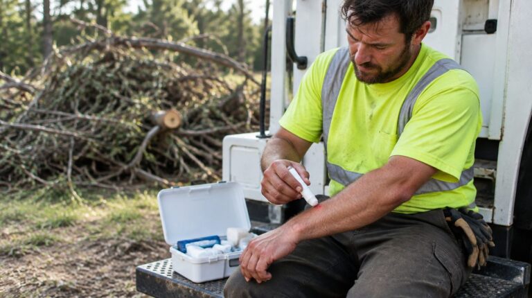 Tree crew groundworker on a bucket truck step applying an itch-relief stick to a bite on his forearm, first-aid kit open beside him