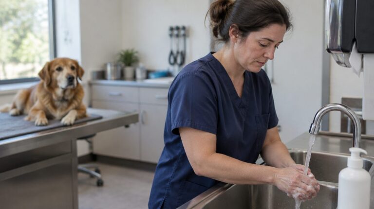 Vet tech washing her hands at a stainless clinic sink while a calm dog waits on the exam table