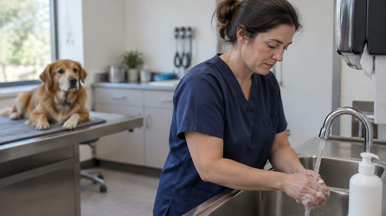 Vet tech washing her hands at a stainless clinic sink while a calm dog waits on the exam table