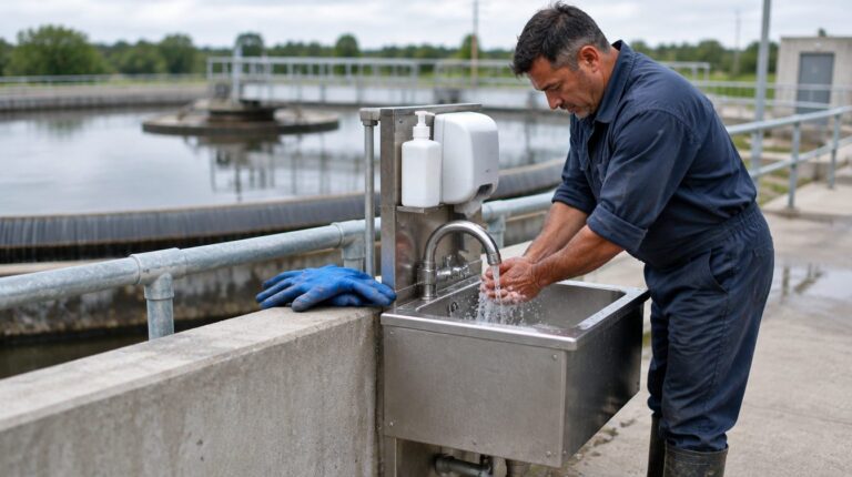Wastewater operator washing his hands at a wash station beside a clarifier, work gloves set on the wall