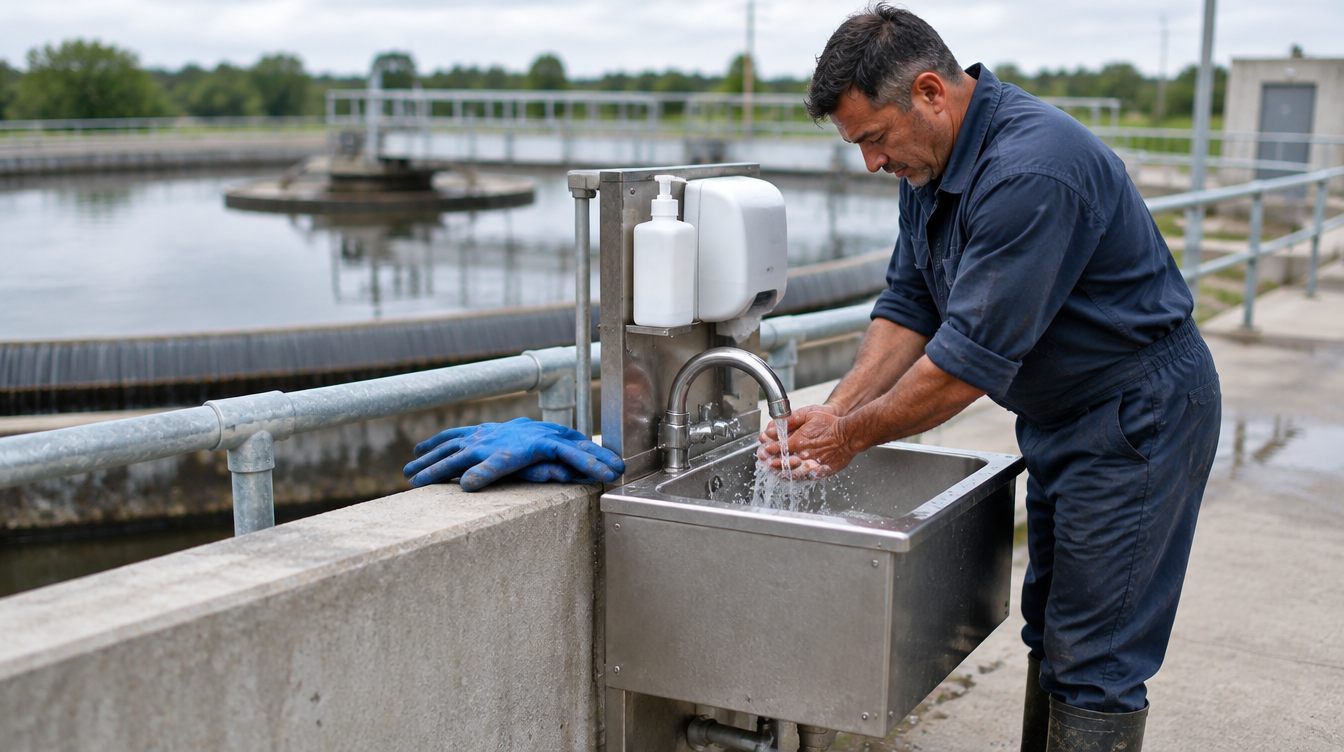 Wastewater operator washing his hands at a wash station beside a clarifier, work gloves set on the wall