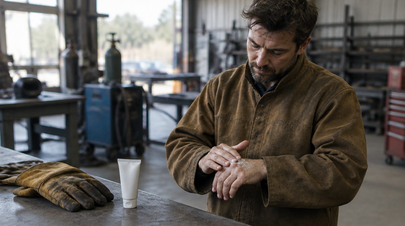Welder in a leather jacket rubbing hand cream into his knuckles, welding gloves on the bench beside him
