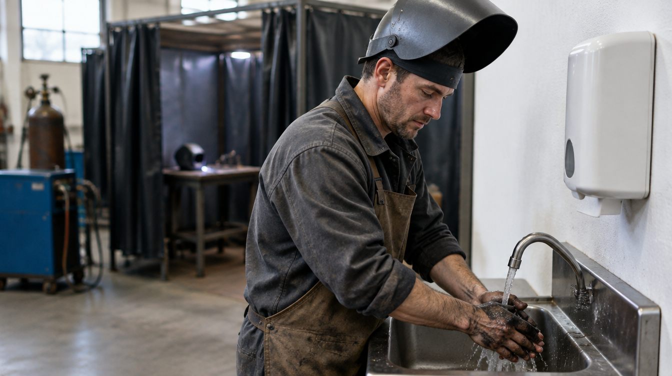 Welder with his hood flipped up scrubbing soot-darkened hands at a shop sink beside a wall-mounted dispenser