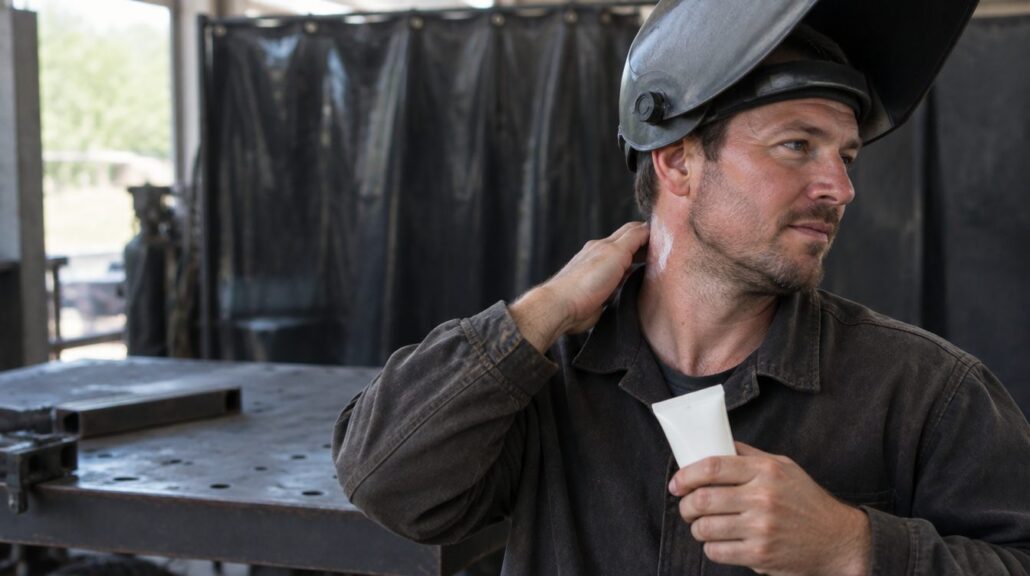 Welder with his hood tipped up applying sunscreen to the back of his neck before a shift