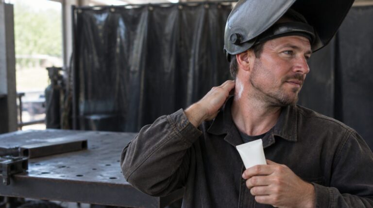 Welder with his hood tipped up applying sunscreen to the back of his neck before a shift