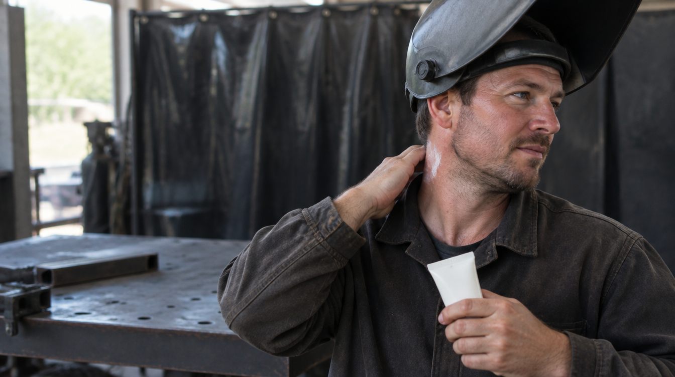 Welder with his hood tipped up applying sunscreen to the back of his neck before a shift