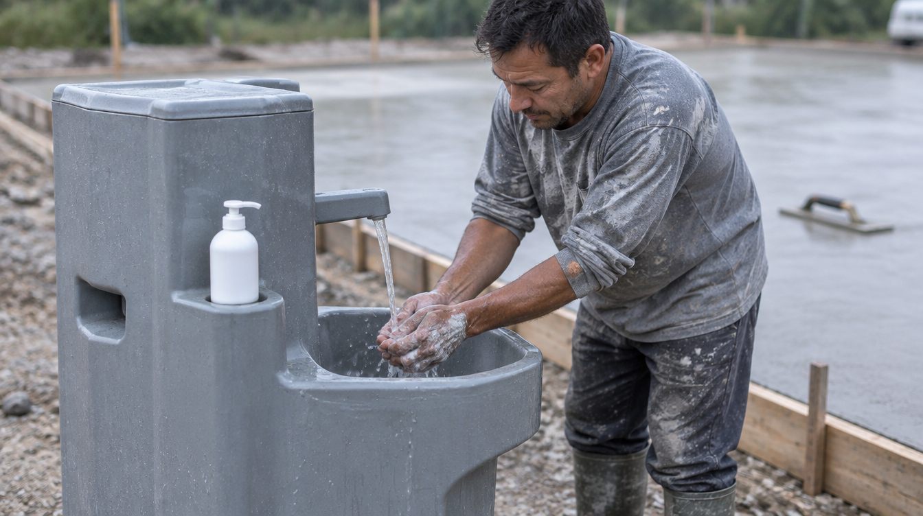 Concrete finisher washing cement from his hands at a portable jobsite wash station beside a fresh slab