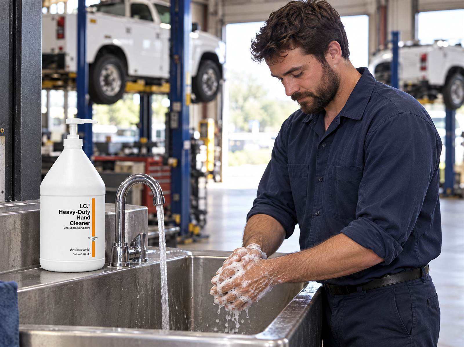 Fleet mechanic in a navy work shirt lathering his hands at a stainless shop sink, a gallon pump jug of I.C. Heavy Duty Hand Cleaner on the ledge and white service trucks up on lifts behind him