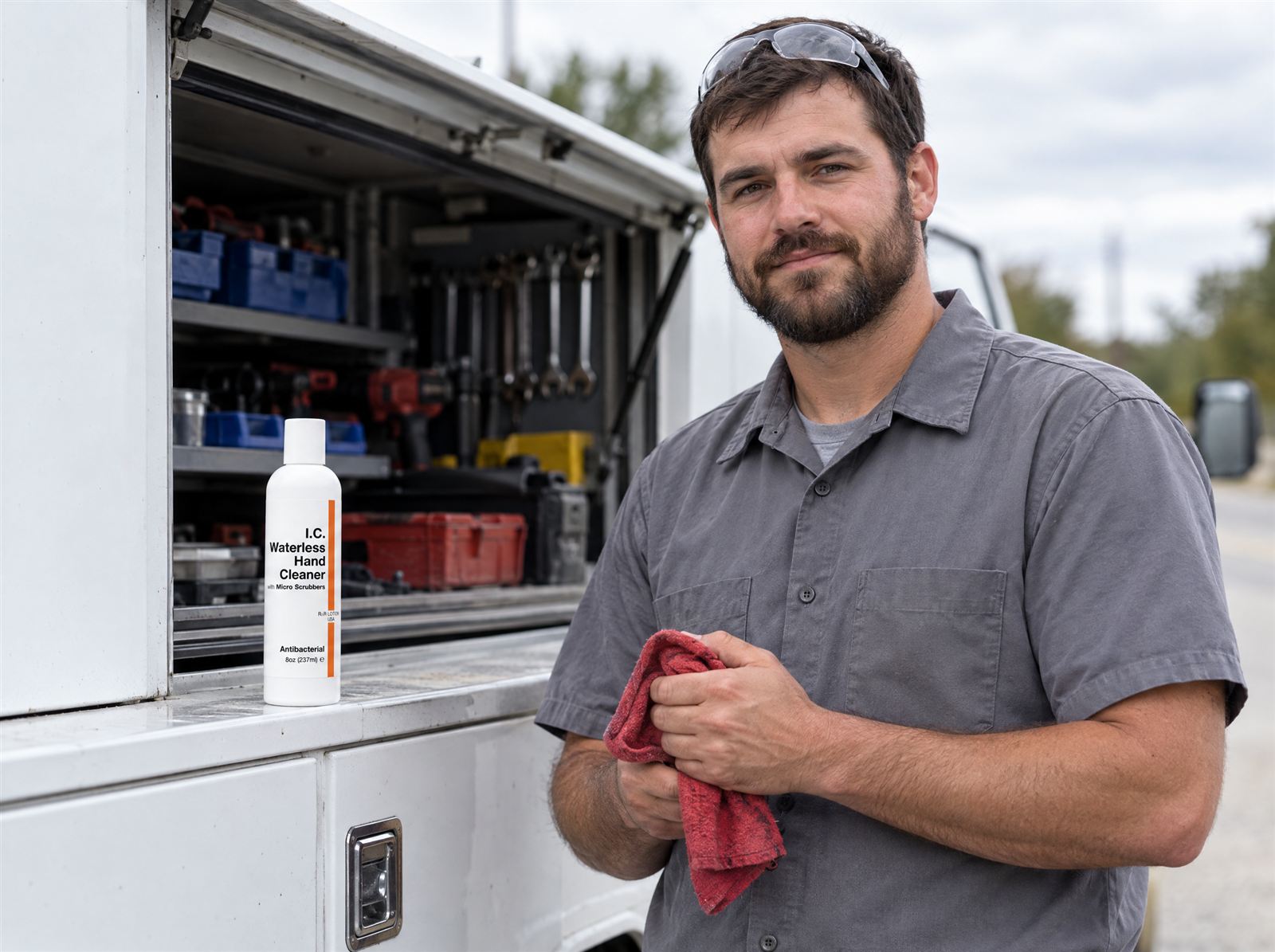 Fleet mechanic in a gray work shirt wiping his hands with a red shop rag beside the open tool compartment of a white service truck, an 8 oz bottle of I.C. Waterless Hand Cleaner on the ledge