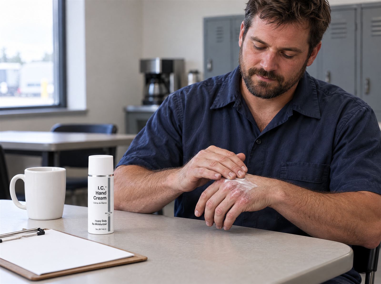 Fleet mechanic in a navy work shirt at a break-room table rubbing hand cream into the dry back of his hand, a 100 mL pump of I.C. Hand Cream Heavy Duty Re-Moisturizer, a coffee mug and a clipboard on the table