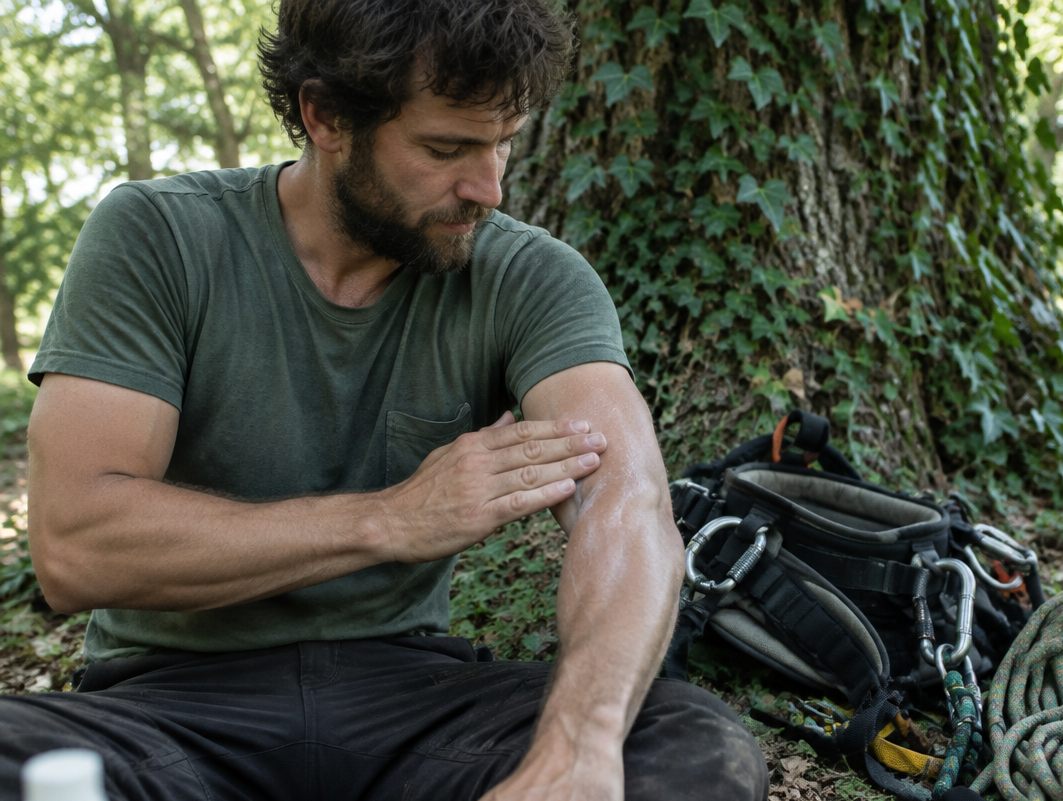 Tree climber rubbing lotion on his forearm beside his saddle and ropes at the base of an ivy-covered oak