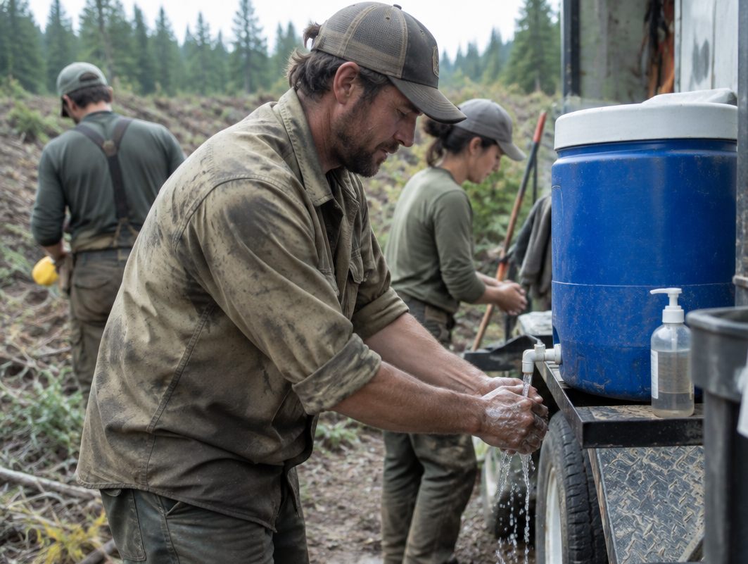 Grounds crew worker washing his hands at a water cooler on the equipment trailer
