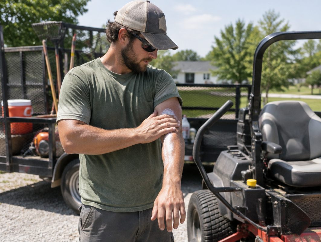 Landscaper rubbing sunscreen on his arm beside a zero-turn mower and trailer