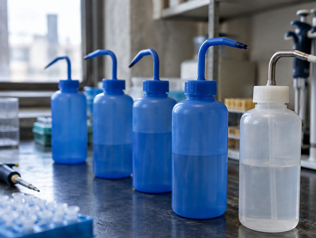 Row of blue wash bottles with bent stems on a lab bench, pipettes behind