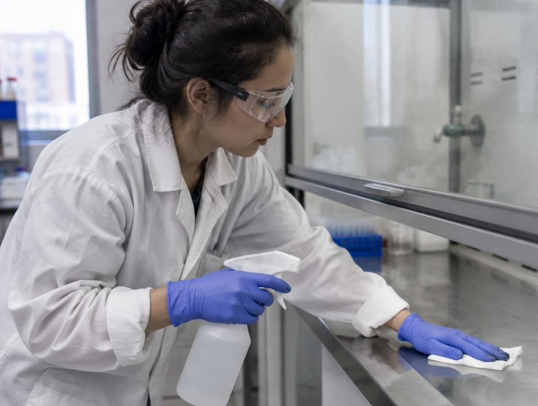 Lab tech in goggles and gloves wiping down a fume hood work surface