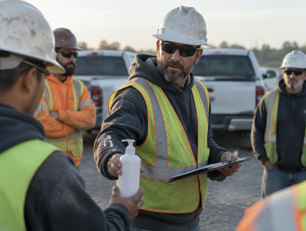 Foreman in a hard hat passing a pump bottle to his crew at the morning safety talk