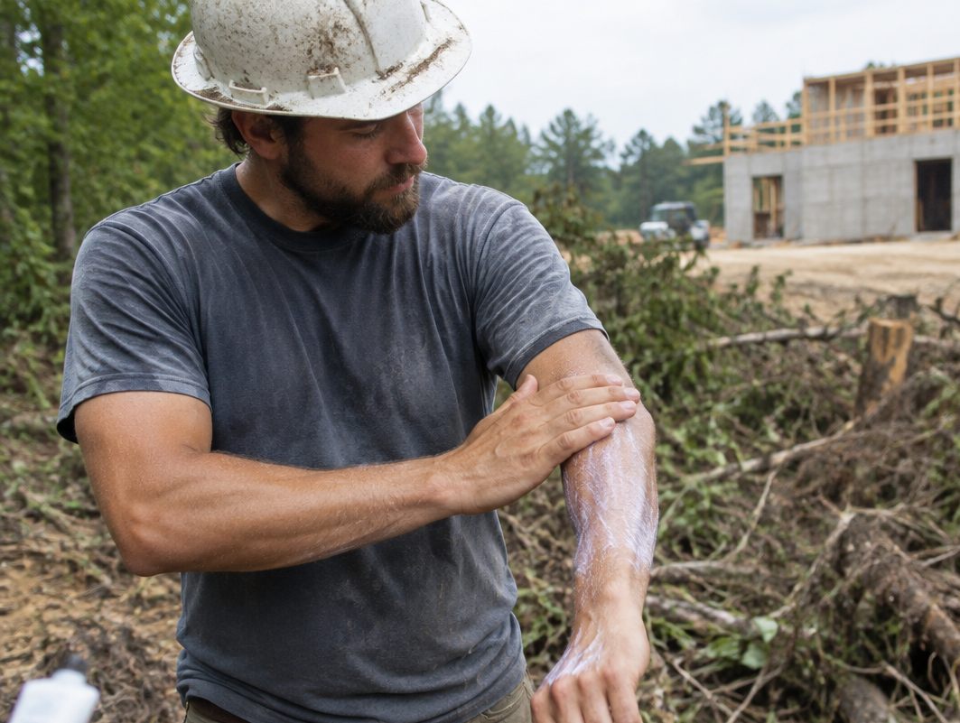 Construction laborer rubbing lotion on his forearm beside cleared brush