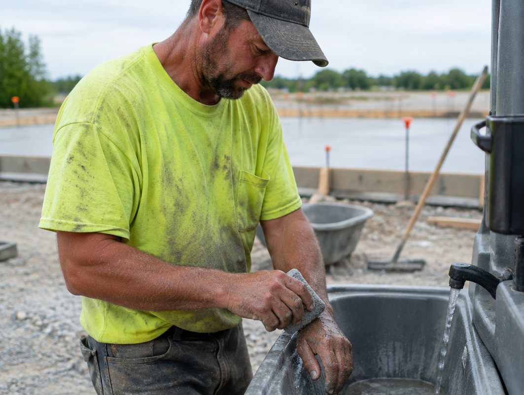 Concrete finisher scrubbing his hands at a portable wash station
