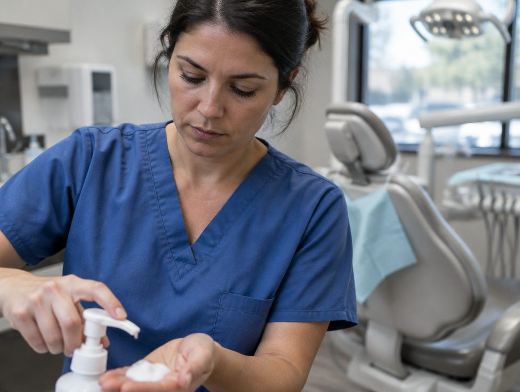 Dental hygienist pumping foaming sanitizer into her palm beside the patient chair