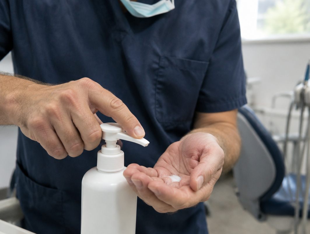 Dentist pumping hand lotion into his palm in the operatory
