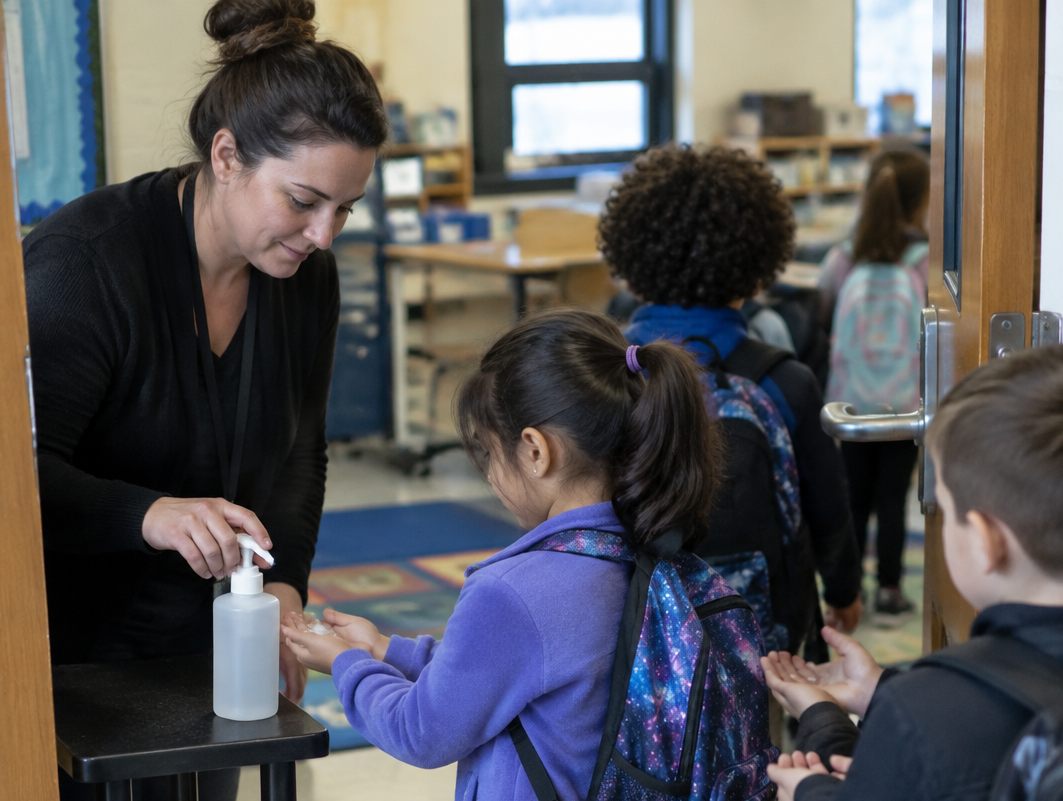 Teacher pumping hand sanitizer into students' hands at the classroom door