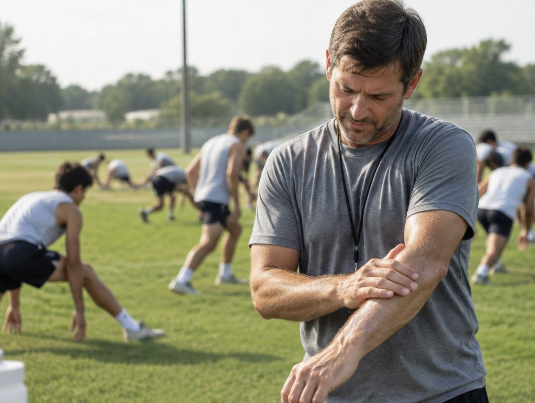 Coach rubbing sunscreen on his forearm while his team stretches on the field