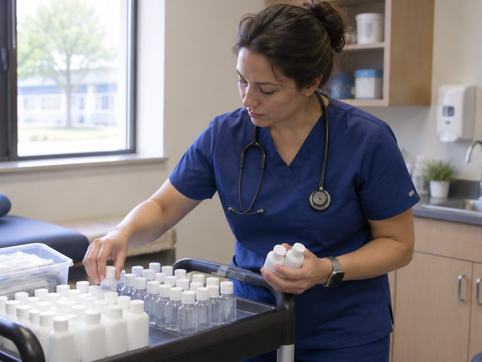 School nurse restocking a rolling cart with small bottles