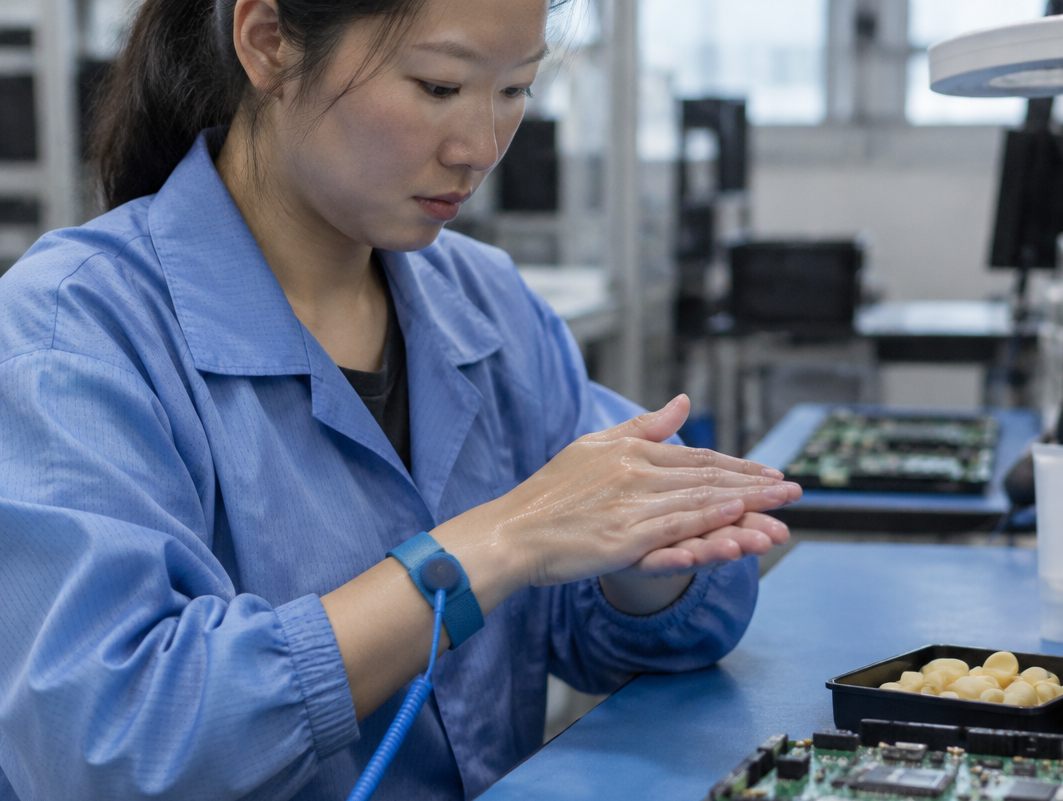 Electronics assembler with a wrist strap working lotion into her hands at the bench