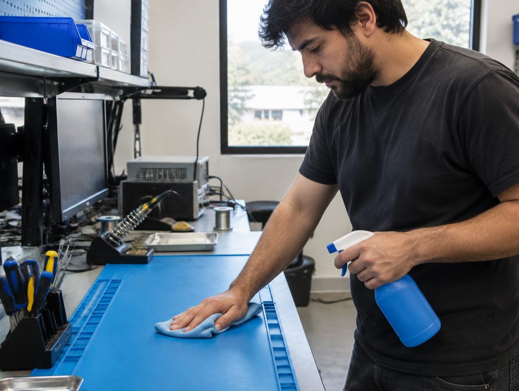 Technician wiping down a blue anti-static bench mat with a cloth and a blue spray bottle