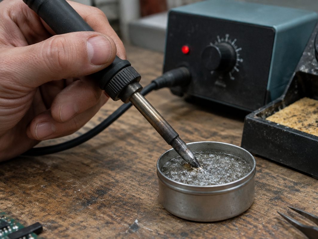 Soldering iron tip being re-tinned in a small tin beside the soldering station