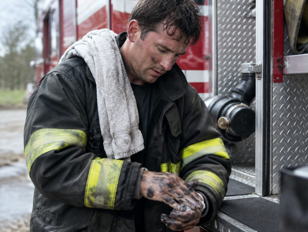 Firefighter in turnout gear cleaning his hands at the back of a fire engine