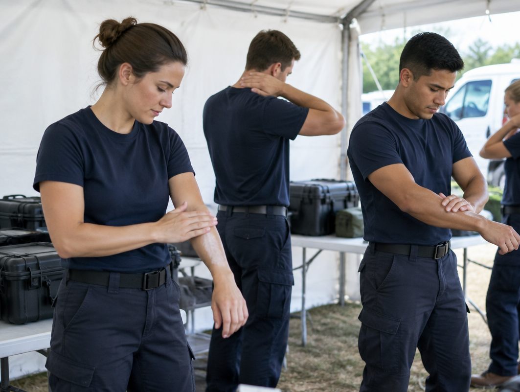 EMS crew rubbing on sunscreen under a staging tent before heading out