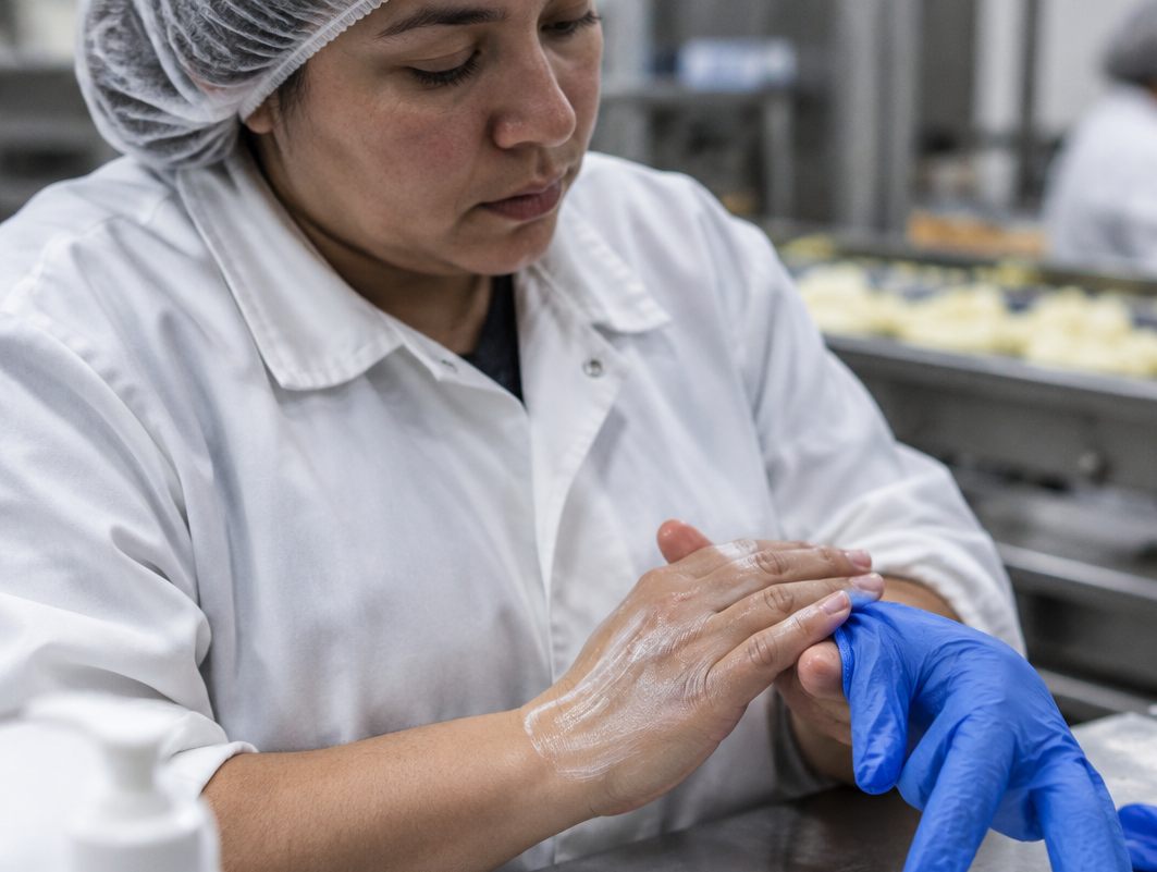 Food plant worker in a hairnet working lotion into her hands before pulling on blue nitrile gloves