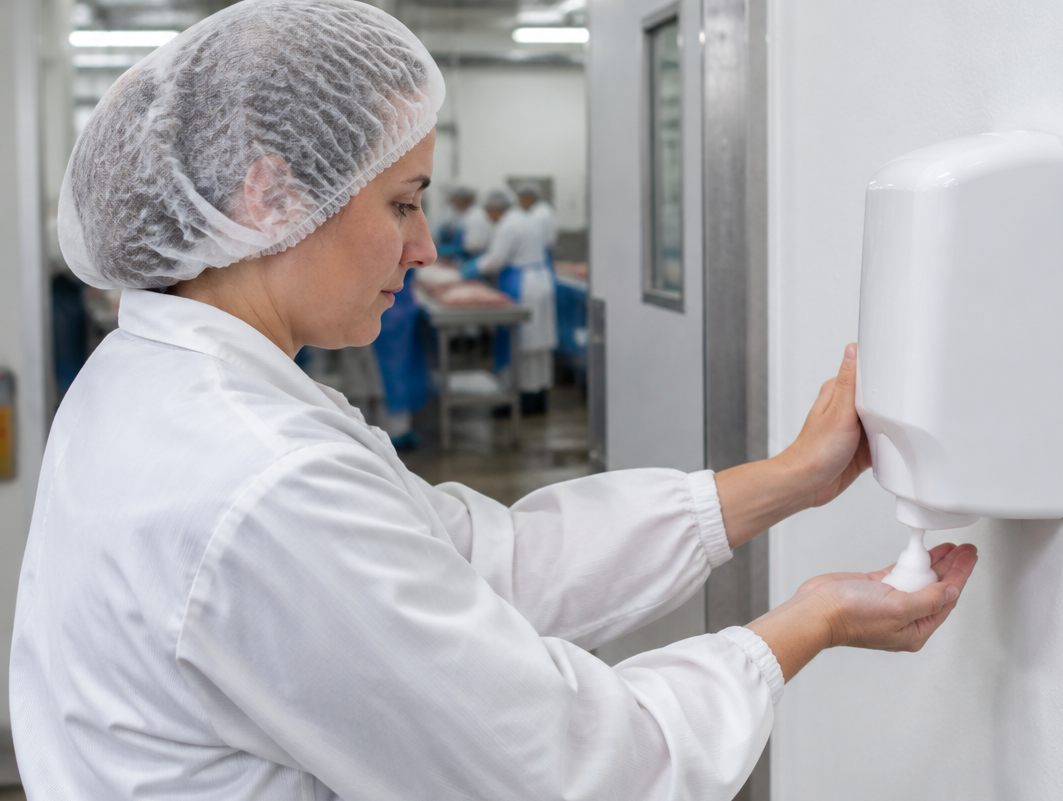 Food plant worker in a hairnet pumping foam sanitizer from a wall dispenser