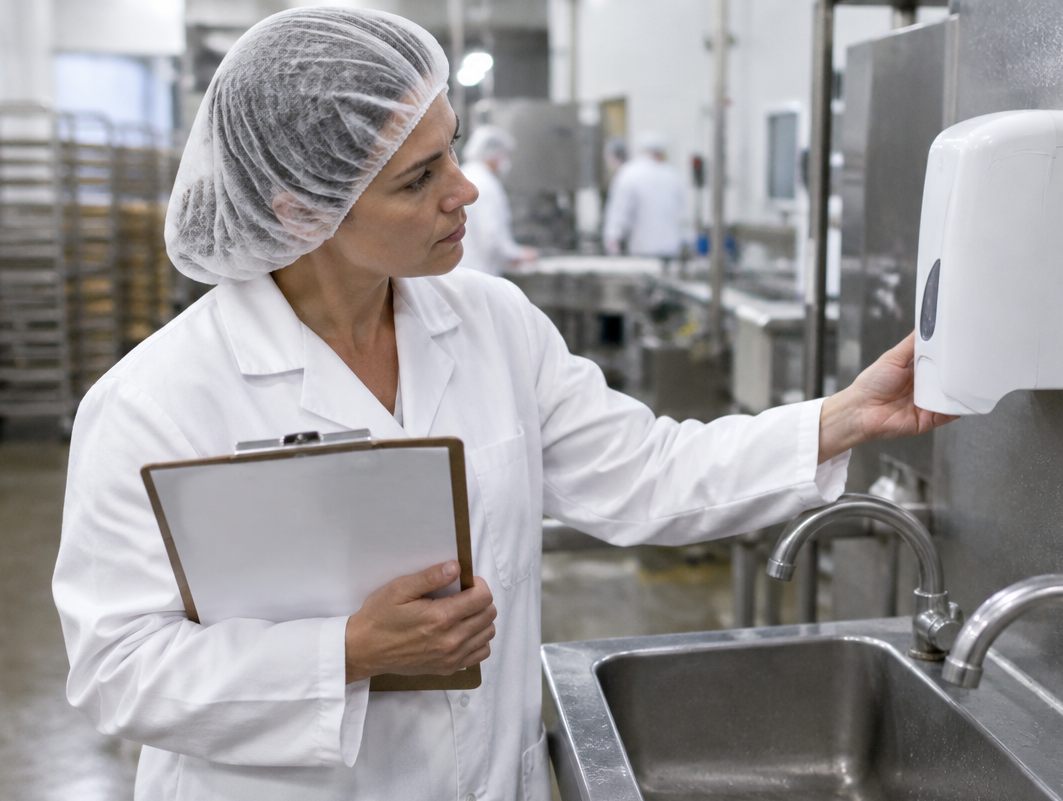 QA manager with a clipboard inspecting a soap dispenser at a stainless hand-wash sink