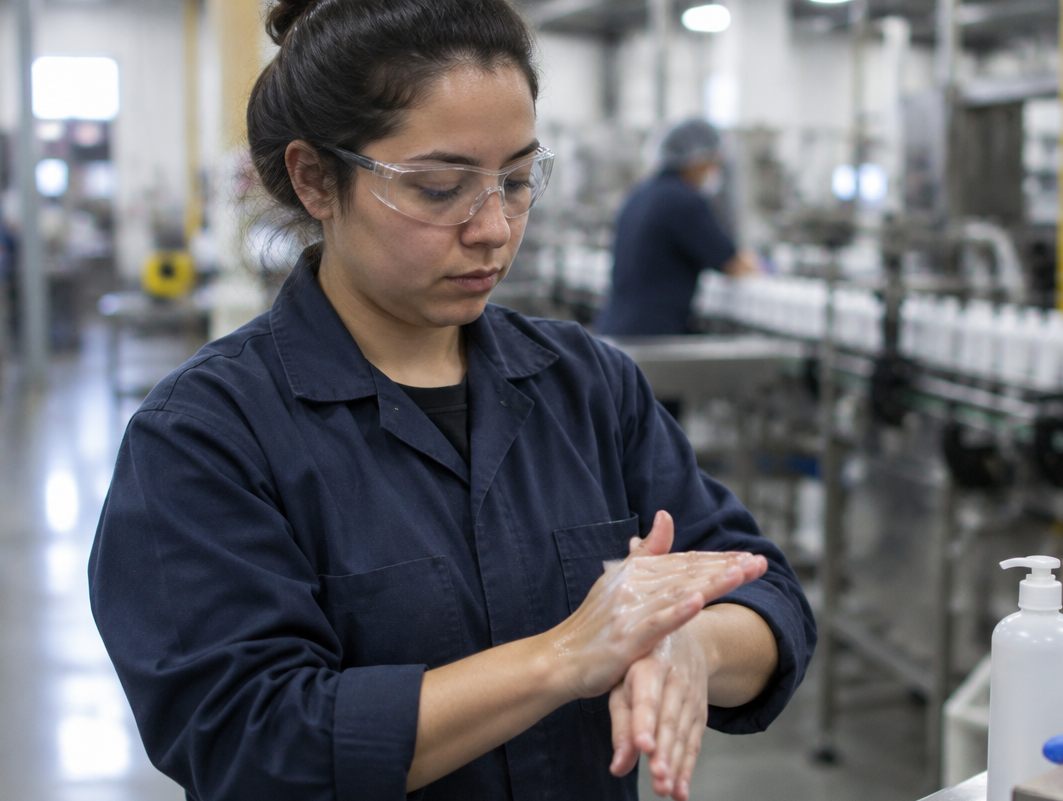 Line operator in safety glasses working lotion into her hands on the production floor