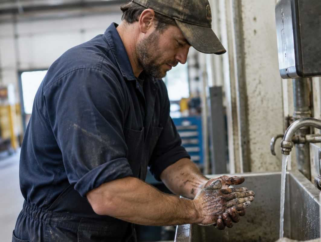 Maintenance tech scrubbing grease off his hands at a utility sink