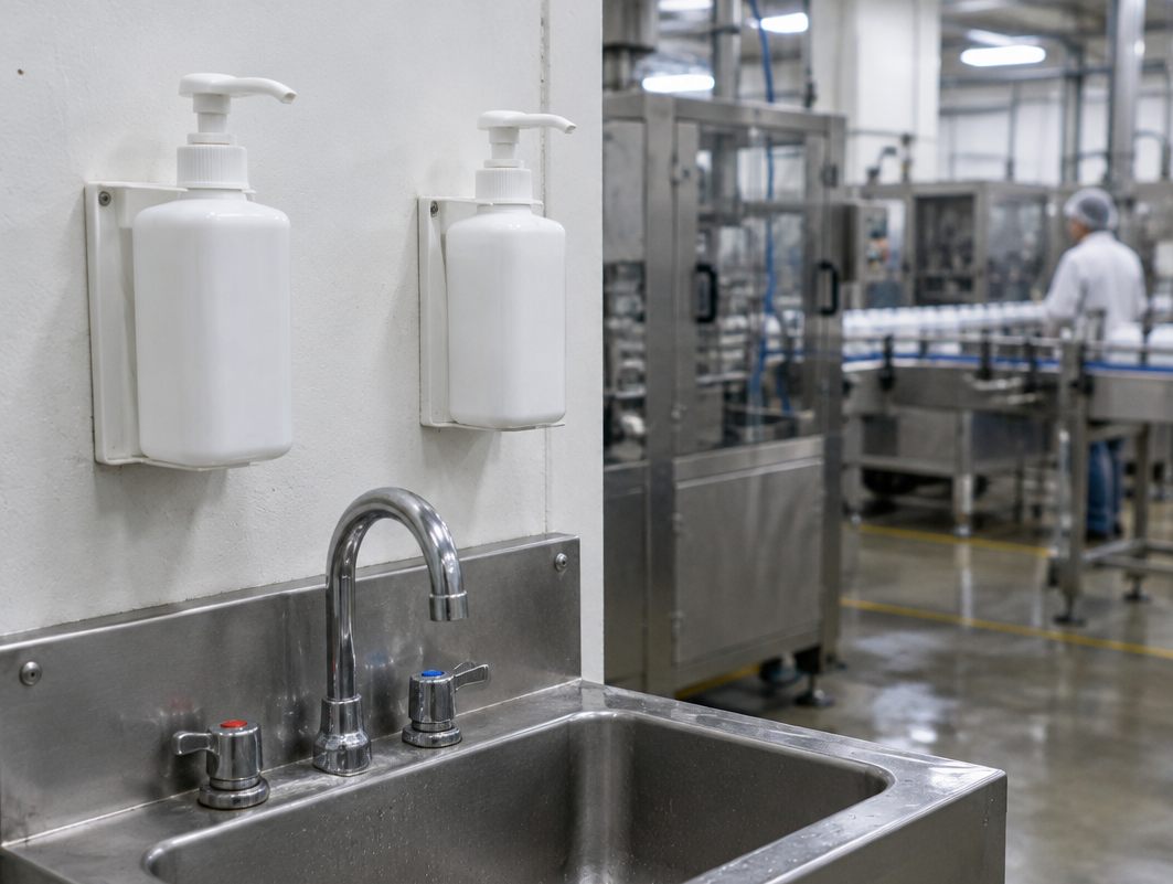 Wall-mounted pump bottles in white brackets above a stainless hand-wash sink on a production floor
