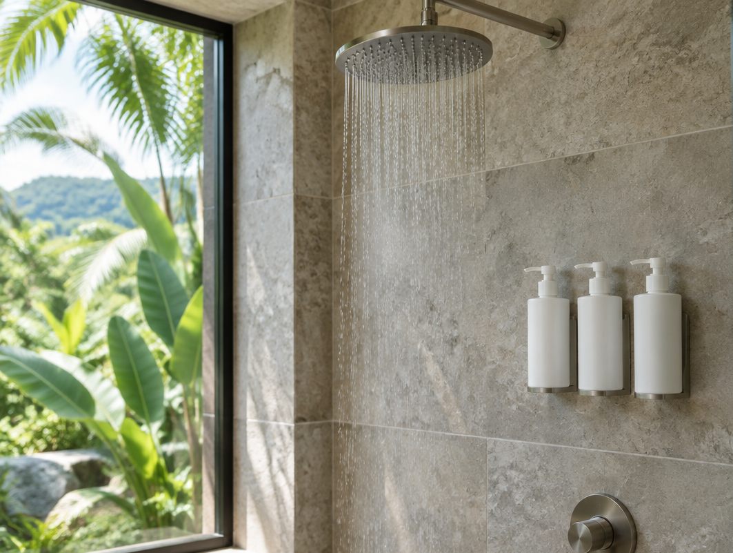 Three wall-mounted shower dispensers on a stone-tile resort shower wall
