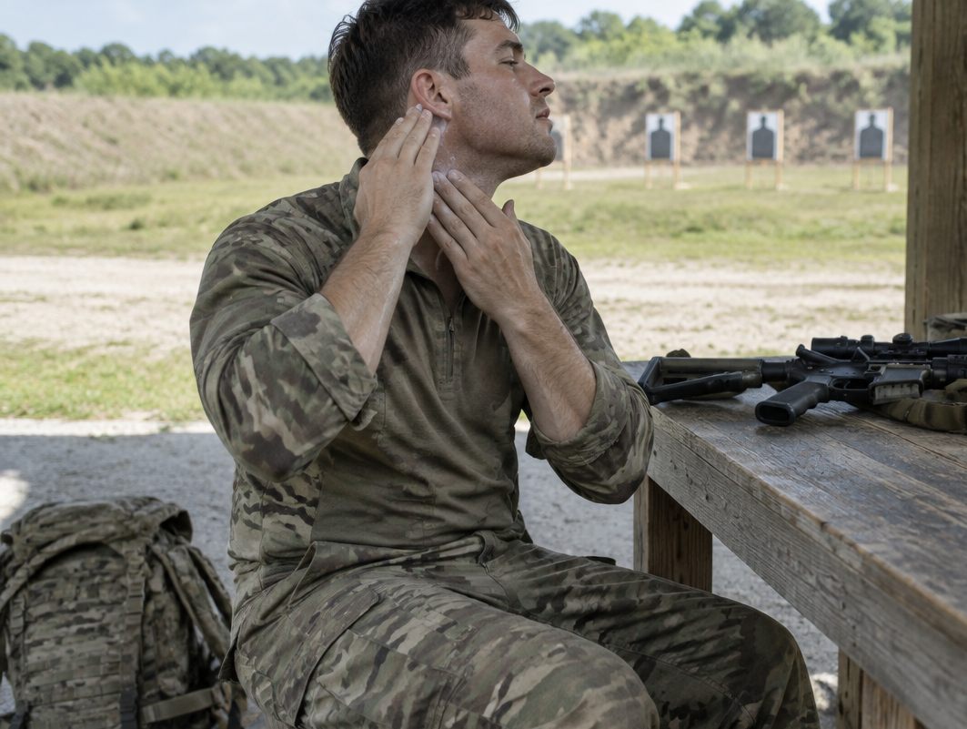 Soldier applying sunscreen to his neck at a range table