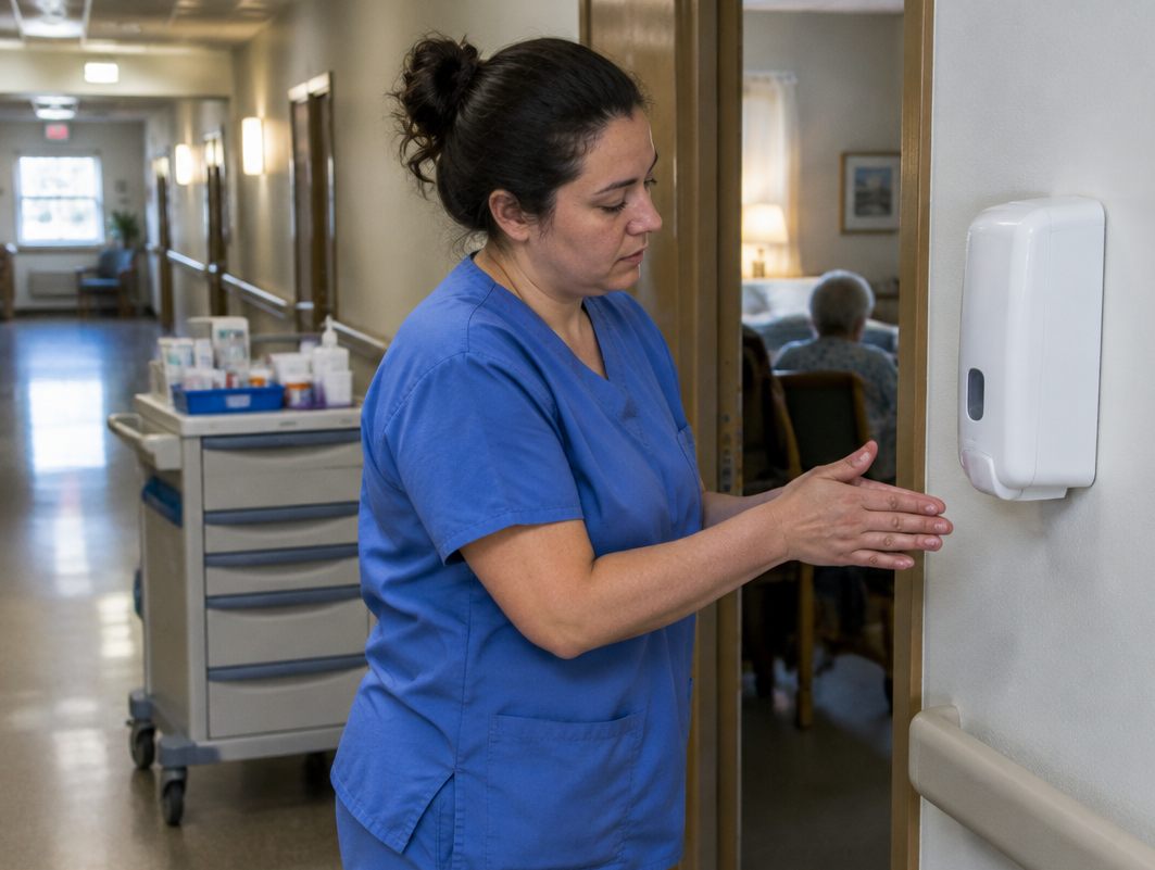 Nursing home aide rubbing in hand sanitizer at a wall dispenser outside a resident's room