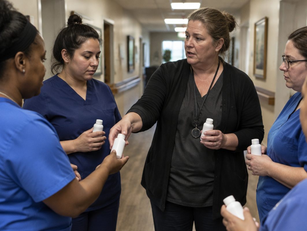 Director of nursing handing sample bottles to aides at a shift huddle