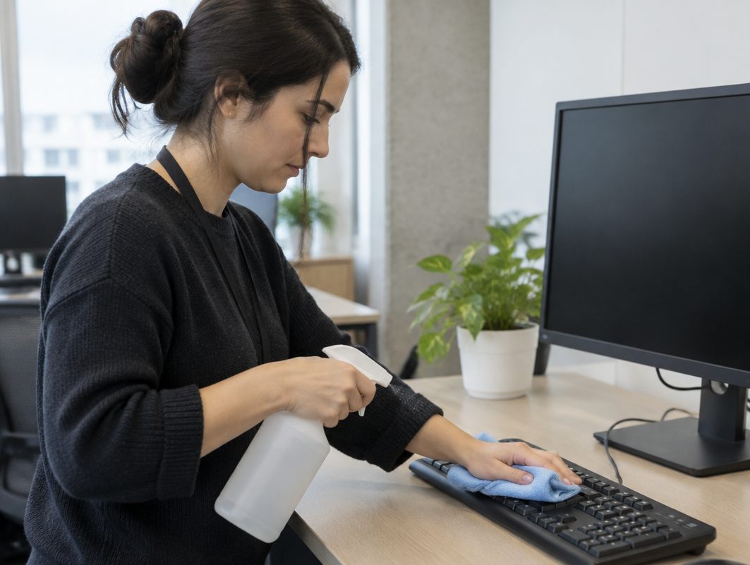 Office worker spraying a cloth and wiping down a shared keyboard