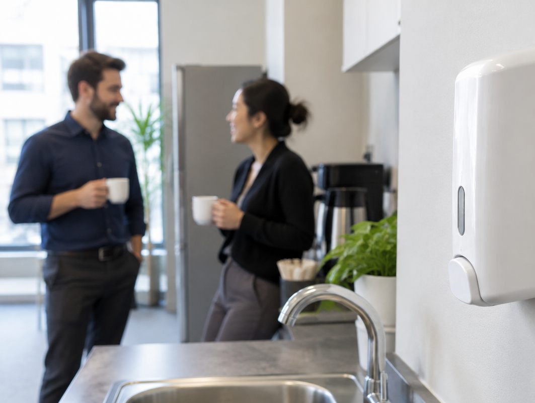 Wall soap dispenser by a break-room sink with two coworkers chatting behind