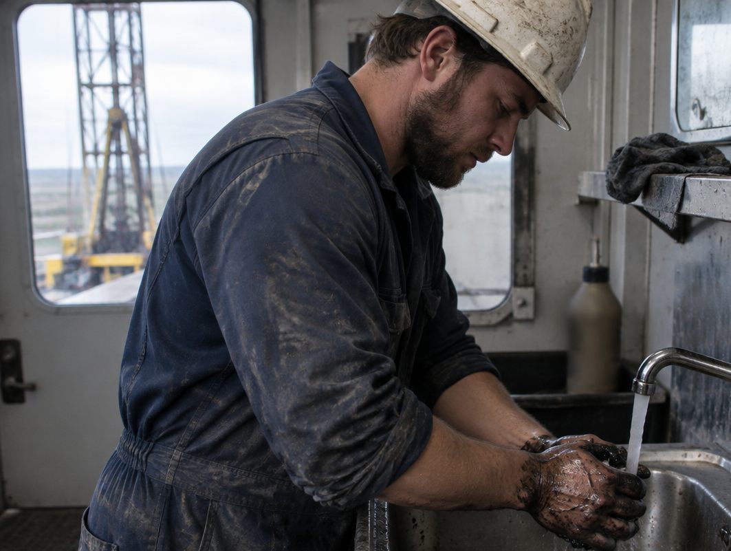 Rig floorhand washing crude oil off his hands at the doghouse sink