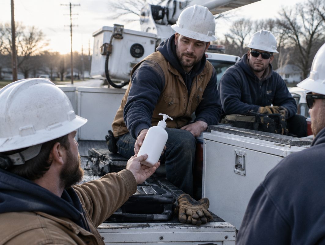 Line crew passing a pump bottle around the bed of a bucket truck at the morning tailboard