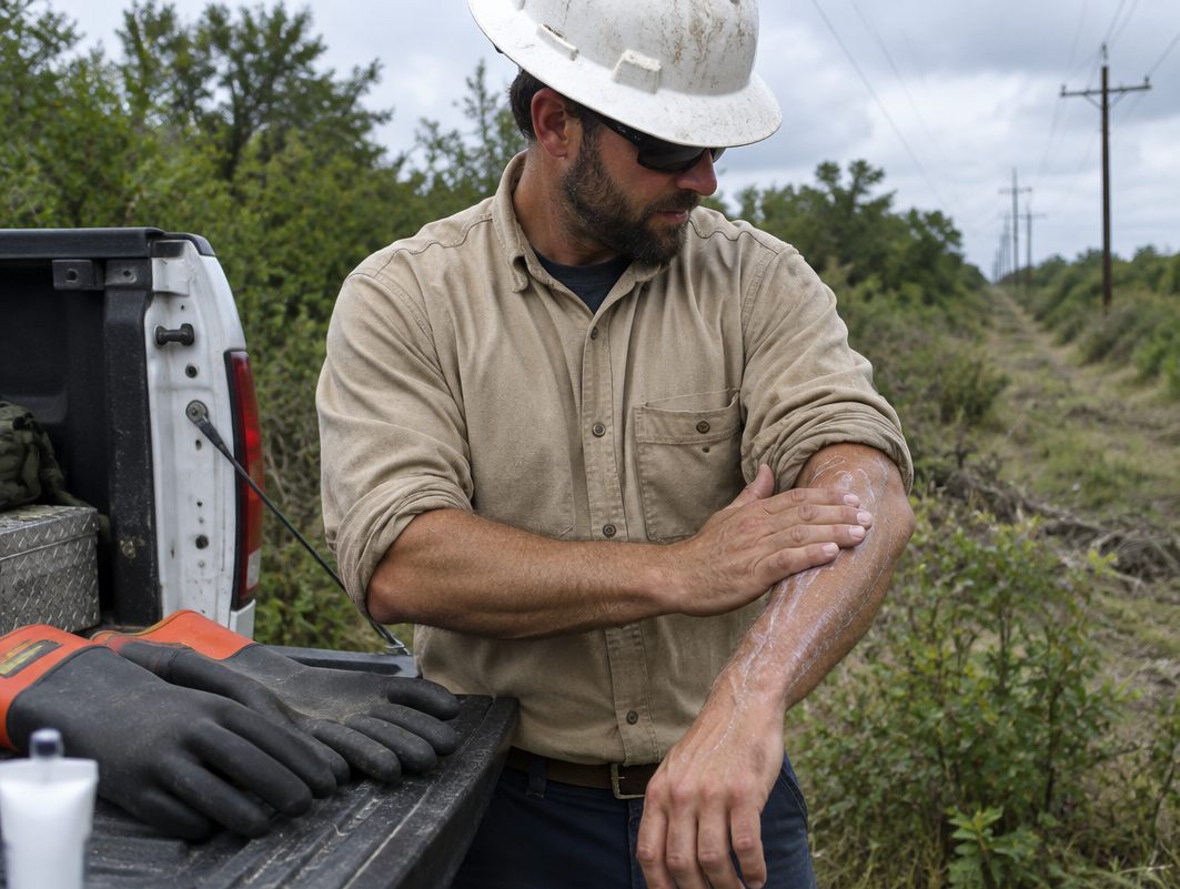 Lineman rubbing lotion on his forearm at the tailgate before walking a right-of-way