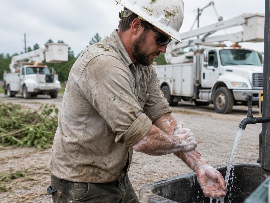 Lineman washing his hands and forearms at an outdoor wash station in the utility yard