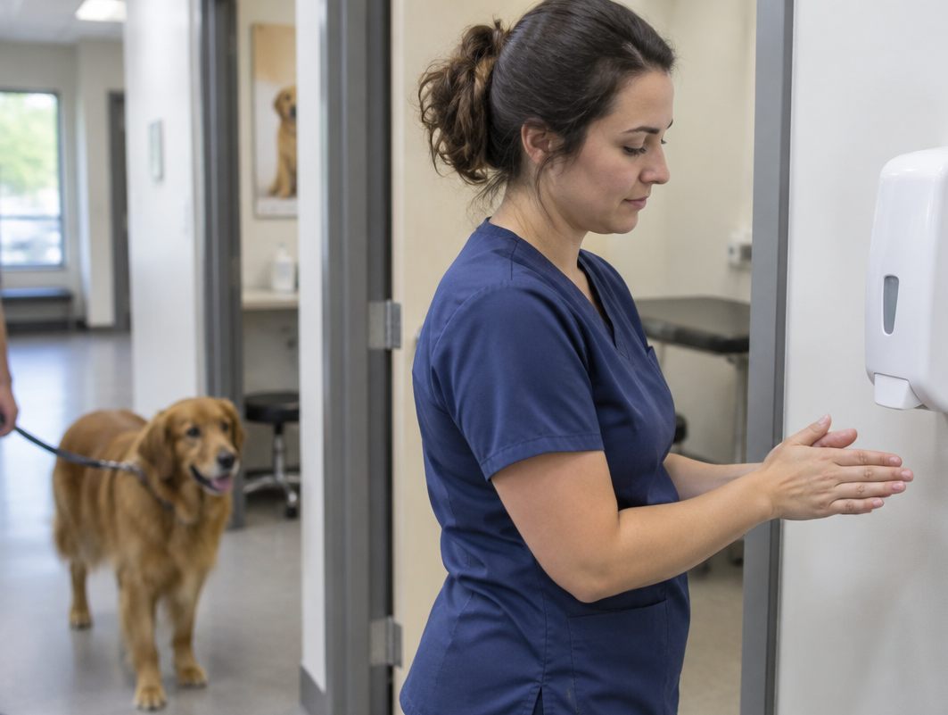 Vet tech rubbing in hand sanitizer at a wall dispenser while a dog waits on a leash